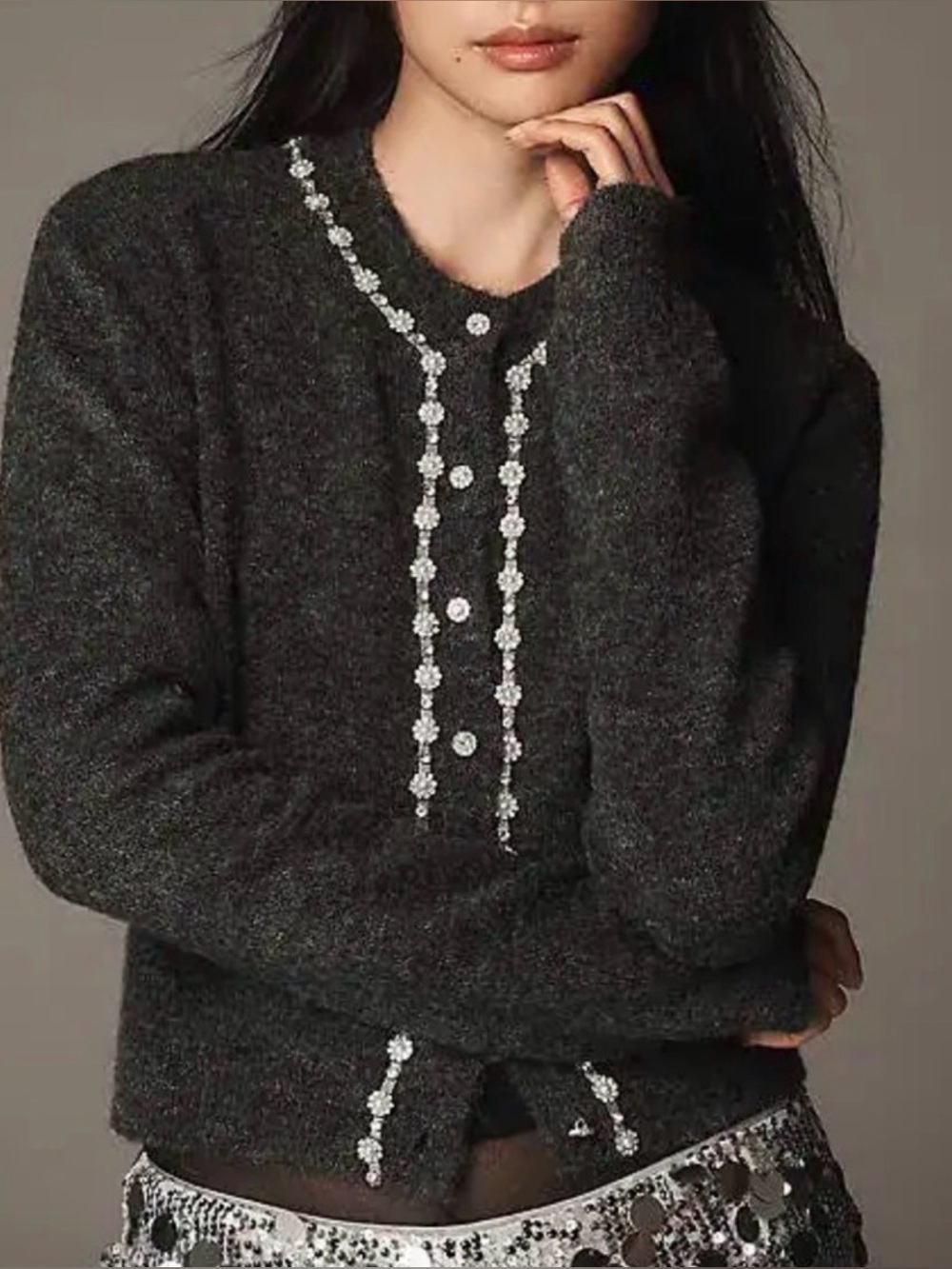 Maeve Anthropologie Charcoal Gray Pearl and Sparkle Stones Crewneck Cardigan, M